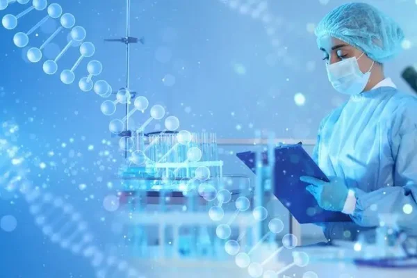 Scientist,Working,In,Laboratory,And,Illustrations,Of,Dna,,Double,Exposure.